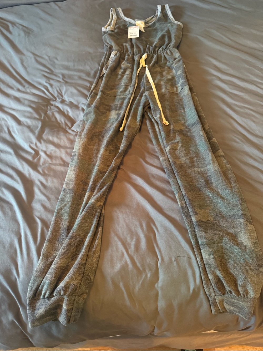 Woman’s Olive Camo Jogger Jumpsuit with Drawstring